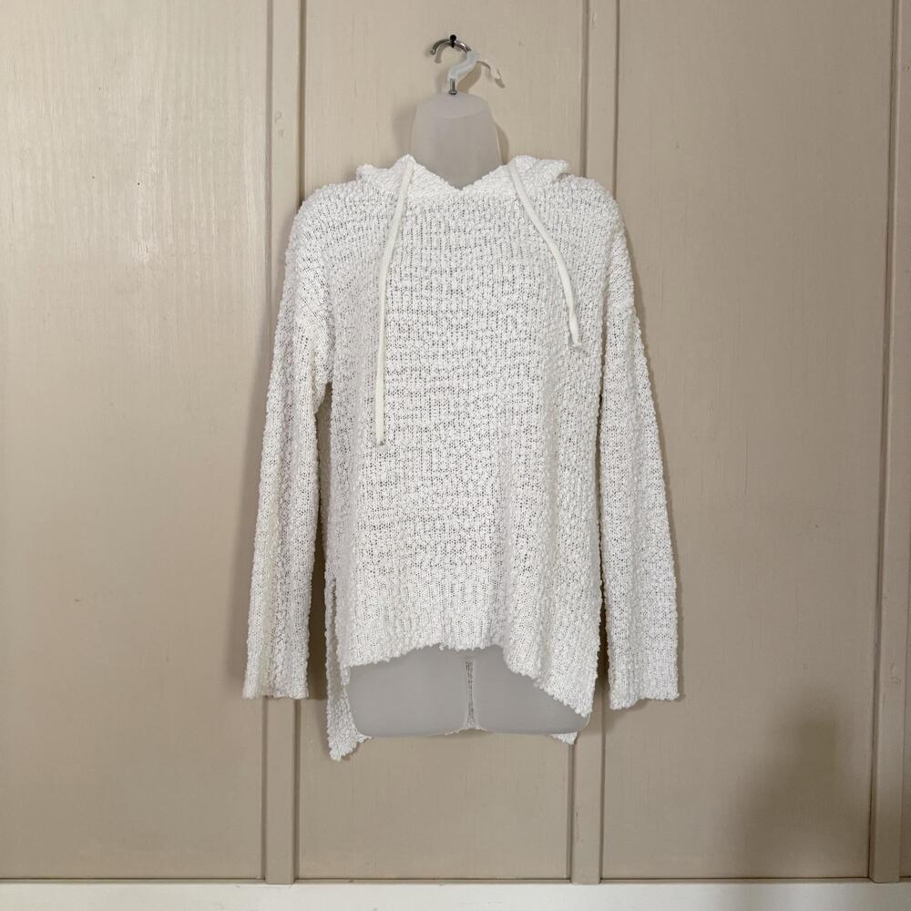 Listicle Sweater Womens Small White Hooded Open Knit V Neck Mohair Pullover